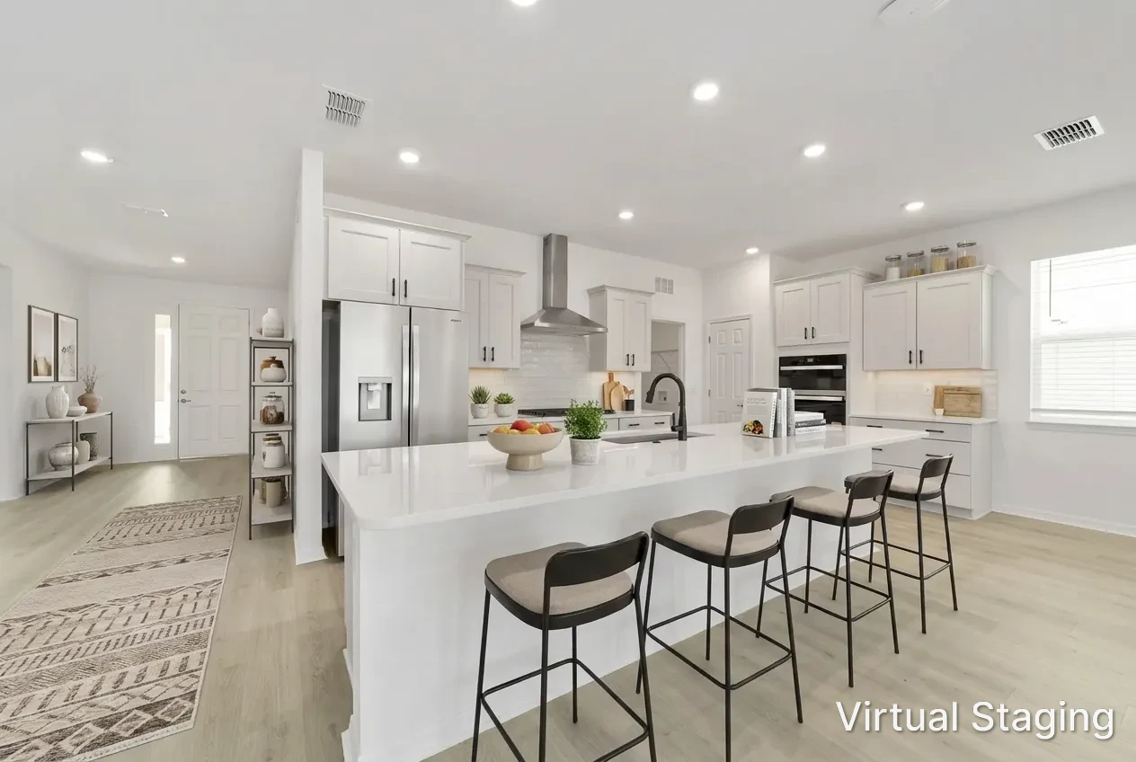 MIR_10352-SW-107th-Court- Ocala_lot66_kitchen new built modern home in on top of the world community, Ocala Fl with spacious modern open floor layout and white kitchen cabinets, lots of counter space, white countertops, and stainless steel hood