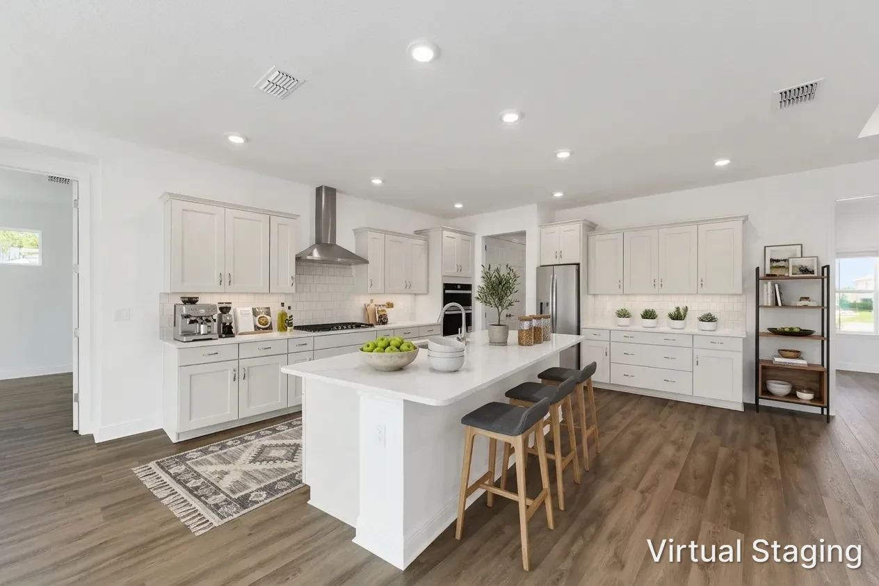MIR_10529-SW-96th-Lane-Road-Ocala-Lot11-kitchen Northampton model - modern white kitchen with ample of cabinets, and kitchen island and stunning stainless steel hood in Longleaf Ridge Community in Ocala Florida
