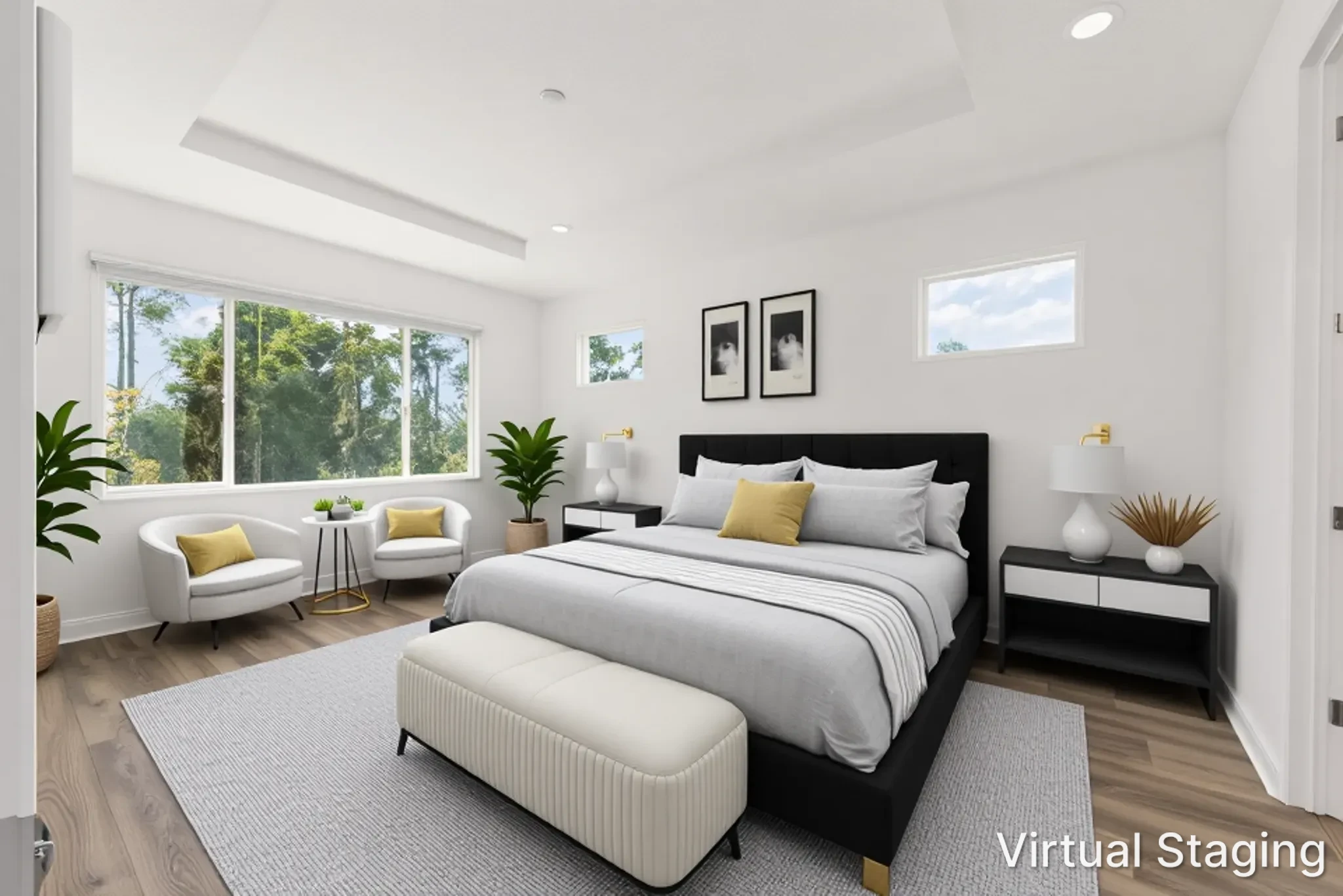 MIR_10529-SW-96th-Lane-Road-Ocala-Lot11-master-bedroom Northampton model - modern primary bedroom with a tray ceiling, large windows, wood-look flooring, and a sitting area with two accent chairs in Longleaf Ridge Community in Ocala Florida