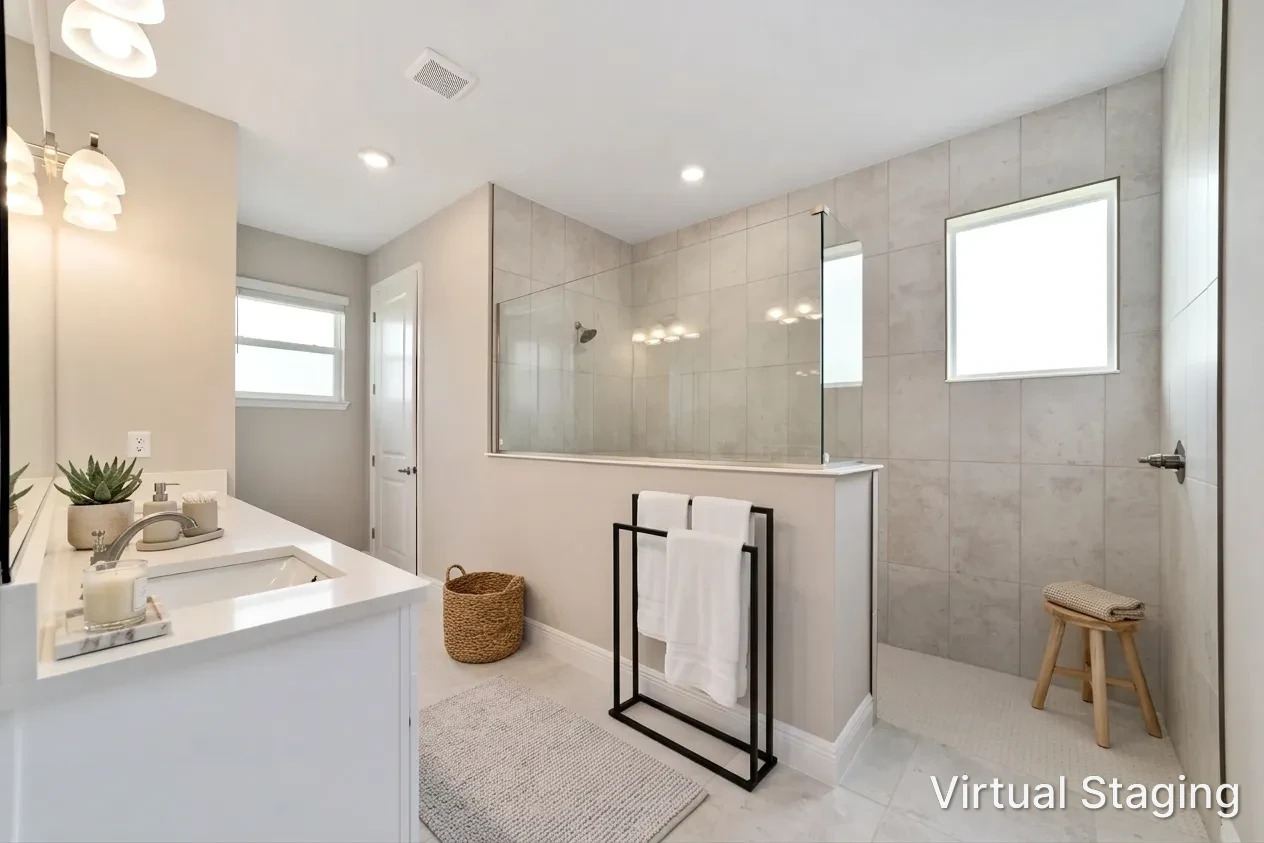 MIR_10673-SW-102nd-Lane-Ocala_lot-109_bathroom large walk in shower in large bathroom with white cabinets and white granite ample of light and space, in a house for sale in central Florida community