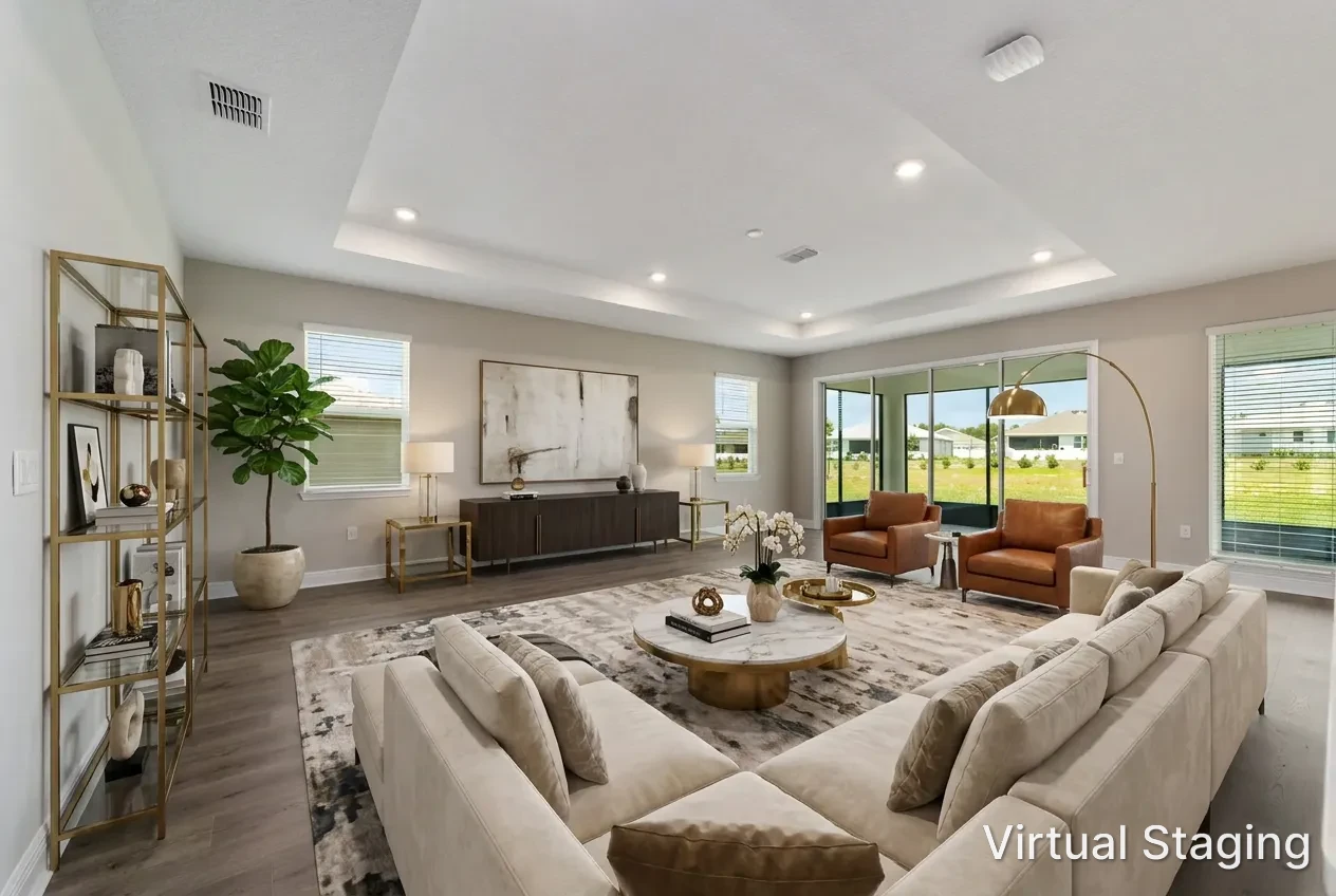 MIR_10673-SW-102nd-Lane-Ocala_lot-109_living-room modern open floor layout home in on top of the world community in central Florida with stunning modern living room with tray ceilings and lots of light.