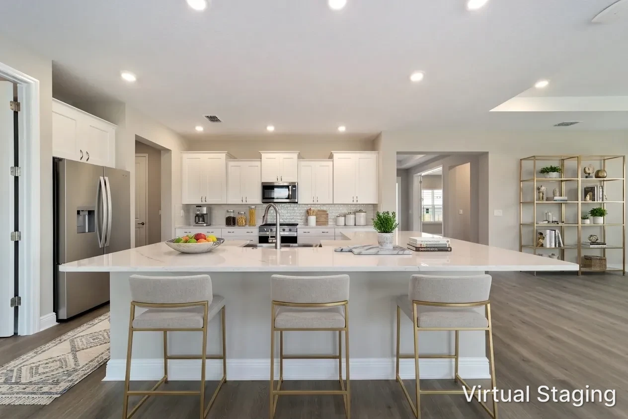 MIR_10673-SW-102nd-Lane-Ocala_lot-109_modern-white-kitchen modern open floor layout home in on top of the world community, Ocala Fl with stunning kitchen with white cabinets and white countertop and backsplash, stainless steel appliances