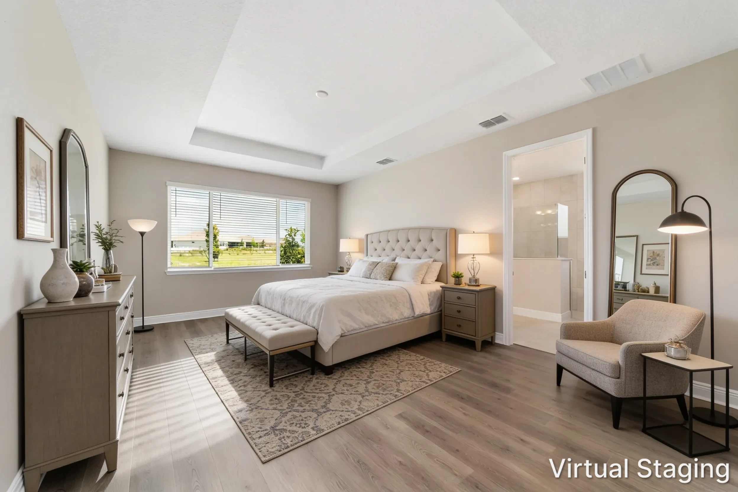 MIR_10673-SW-102nd-Lane-Ocala_lot-109_primary-bedroom new built modern home in on top of the world community, Ocala Fl with spacious modern bedroom and tray ceiling